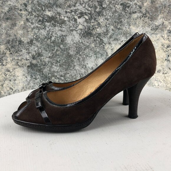 SOFFT Women's 7M Brown Suede Patent Leather Trim Peep Toe High Heel Pumps - Picture 3 of 13
